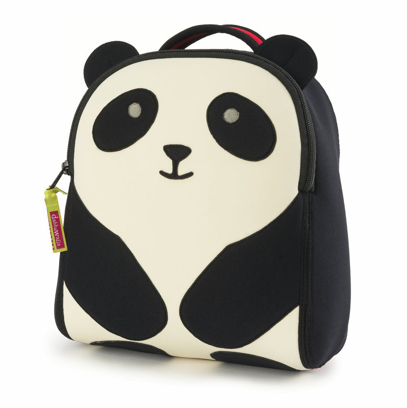 Adorable white panda with black eyes, ears and arms.  Mini backpack has attachable leash.