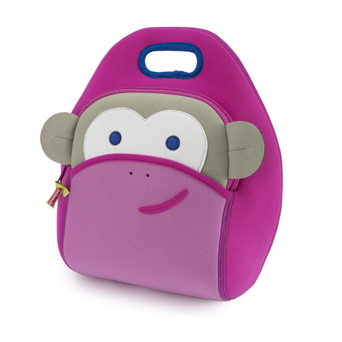 Dabbawalla pink monkey lunch box.  Grey forehead and ears with white eye patch.  Large front pocket for snacks or notes.  Royal blue trim on integrated handle