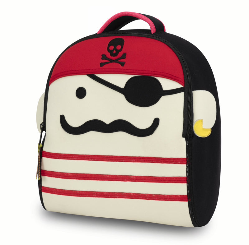 Pirate Backpack from Dabbawalla Bags.  Friendly pirate face covers the front panel.  Pirate sports an eye patch, mustache, red skull cap and gold earring. 