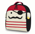Pirate design backpack from Dabbawalla Bags.   Friendly pirate sports a mustache, eye patch, red skull cap and red stripes.
