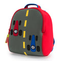 Race Car Backpack. Two formula one cars race to the finish line . Grey center panel with bright yellow lane marker. Red side panel, contrast red zipper and flatlock stitching. Blue binding on easy grab handle.