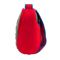 Side view of Race Car backpack. Adjustable red straps with blue accent piping stow inside the bag. Large pocket on back is great for snacks or notes home.