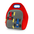 Race Car Lunch Bag - Dabbawalla Bags . Two formula one cars race to the finish line . Grey center panel with bright yellow lane marker. Red side panel, contrast red zipper and flatlock stitching. Bright blue binding on easy grab handle..