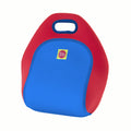 Back view of Race Car lunchbox from Dabbawalla Bags. Bright red side panel with royal blue back panel. Material is a lightweight, Eco-friendly washable material.  