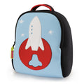 Space Rocket Backpack - Dabbawalla Backpack. Space Rocket design applique on washable preschool backpack. Light blue front panel with black sides.Bag is made of superior material that is sustainable, reusable, PVC, PBA, Phthalate free.