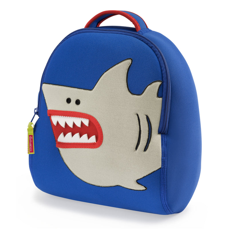 Shark Tank Backpack - Dabbawalla Bags. Marine blue bag with grey cartoon shark applique on front.
