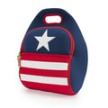 Patriotic red and white and blue washable lunch-bag.  Lunchbag is made from a sustainable lightweight material that is eco-friendly and toxic free..