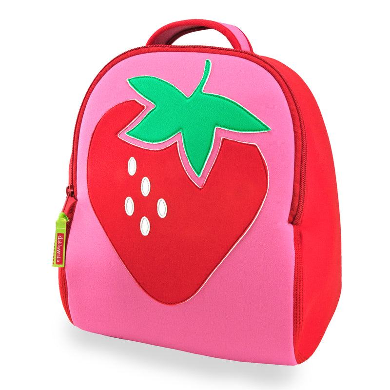 Front view of Strawberry Fields Backpack - Dabbawalla Bags. Large red strawberry applique on front of pink and red preschool backpack.