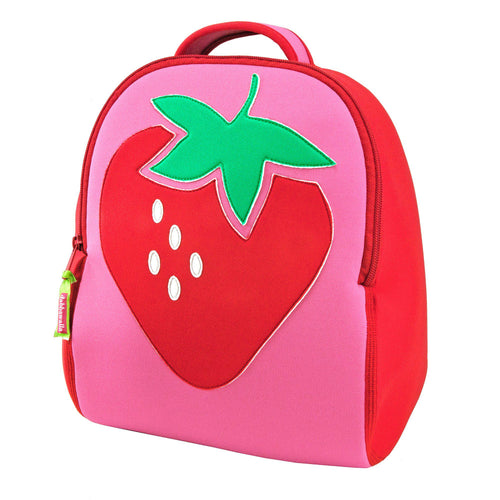 Large strawberry on front of pink and red preschool Dabbawalla backpack. Outlet sale