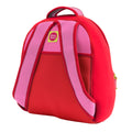 Back view of Strawberry backpack. Adjustable straps stow inside the bag. Large pocket on back is great for snacks or notes home. Pink cushioned straps and handle with red piping accents.
