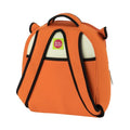 Preschool Backpack tiger themed for little explorers. Back view of Tiger backpack by Dabbawalla Bags. Eco Friendly material for preschool kids. Black piping on orange, adjustable shoulder straps and padded handle.  White upper panel on orange bag.