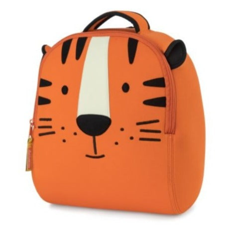 Preschool Backpack tiger themed for little explorers. Front view of Tiger backpack by Dabbawalla Bags. Eco Friendly material for preschool kids. Black and white smiling tiger face on orange bag.