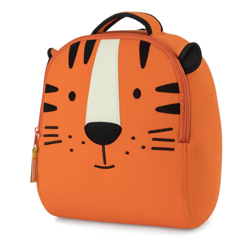 Preschool Backpack tiger themed for little explorers. Front view of Tiger backpack by Dabbawalla Bags. Eco Friendly material for preschool kids. Black and white smiling tiger face on orange bag.
