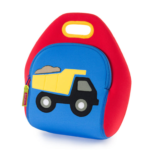 Blue, red and yellow Dabbawalla truck lunch bag.