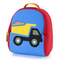 Keep on Truckin' Backpack - Bright yellow dump truck with black cab is stitched on a blue front panel. Sand is piled in the back of the truck. The side panels are red with a yellow trim on the handle.