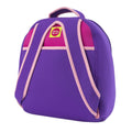 Back view of Unicorn Backpack from Dabbawalla Bags.  Bright pink back panel with purple pocket.  Adjustable straps feed  inside the bottom bag.  Material is a lightweight, eco-friendly washable material.