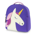 Off white smiling unicorn on the front panel of a purple backpack. Unicorn has a multi pink mane and gold striped horn.