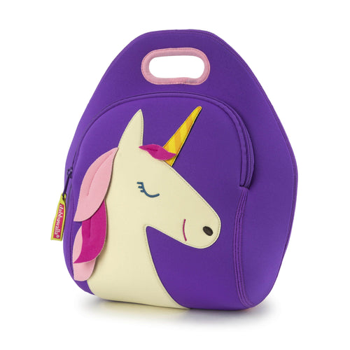 Purple Unicorn lunch bag from Dabbawalla Bags. Cute white unicorn face with pink mane and yellow stripe horn stitched on the front of the bag.  Bag material is a washable lightweight foam.  Inside are two mesh pockets for water bottle and ice pack.