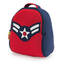 American Vintage Flyer Backpack by Dabbawalla Bags. Red, white and blue design applique on red bag with blue sides.