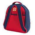 Back side of the American Vintage Flyer Kids Backpack with adjustable straps and back pocket. Straps are navy with red piping against a red body.