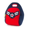 Front view American Vintage Flyer Lunch Bag - Dabbawalla Bags.  Bright red panel framed with navy blue. Captain America themed applique on front and red accent piping on handle.