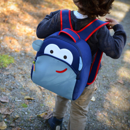 Preschool boy wearing the Blue Monkey Backpack by Dabbawalla Bags.