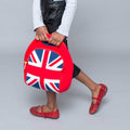 Girl modeling a British Union Jack Lunch Bag by Dabbawalla Bags