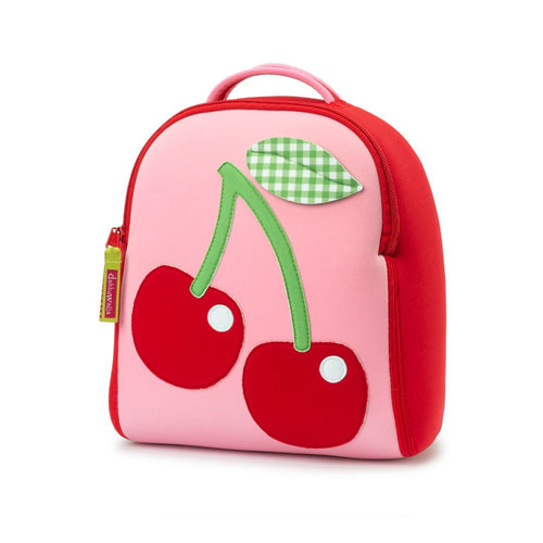 Sweet Cherry harness backpack for kids ages walking to 3. Red and pink in color. Sturdy grip handle and detachable tether.