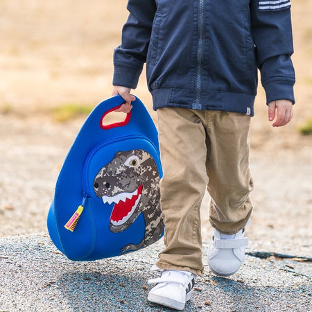 Blue and red Dinosaur themed lunch bag - machine washable and eco friendly.