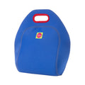 Back view of Dabbawalla lunch bag.  Bright blue bag with red trim on the easy grab handle.
