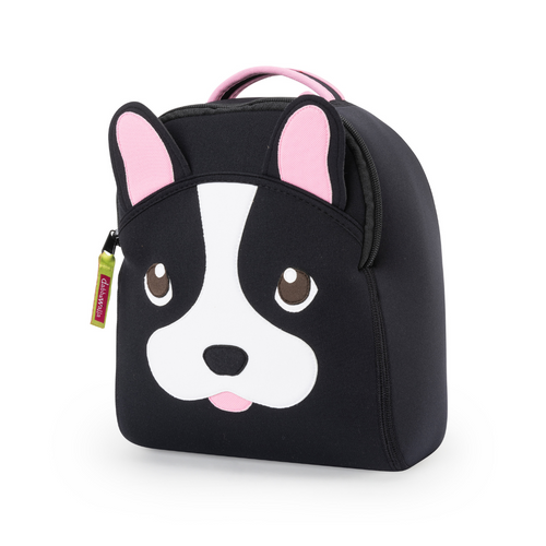 Children's French Bulldog Harness backpack from Dabbawalla Bags.  Adorable black and white bulldog face covers the front panel of the black bag.