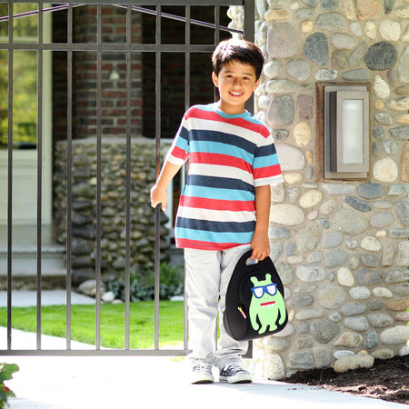 Headed out for an adventure with the Dabbawalla Monster Geek washable lunch box.