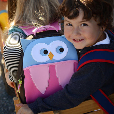 Sweet boy with the Hoot Owl Backpack by Dabbawalla Bags.