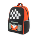 Orange and black racecar elementary school backpack.