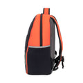 Sideview of orange and black packpack.