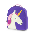 Unicorn theme harness backpack.  White unicorn with pink mane and gold horn on a purple bag. 